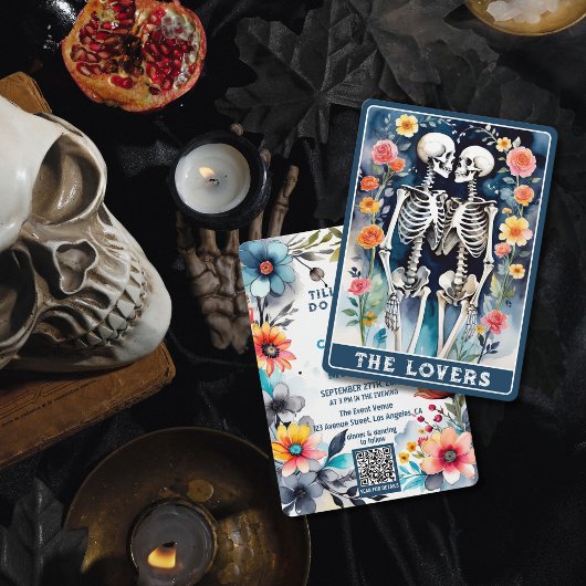 The Lovers Tarot Floral Gothic Wedding QR-code Kaart