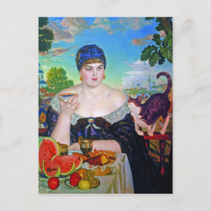 The Merchant's Wife & Cat door Boris Kustodiev Briefkaart