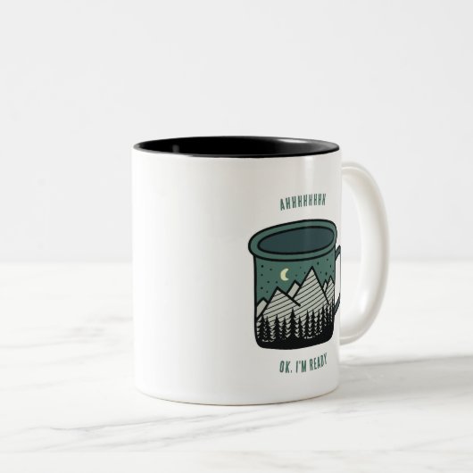 The Mountains are Calling But First Coffee Mug Tweekleurige Koffiemok (Voorkant rechts)
