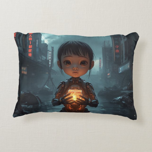 The Neon Refugee Girl: Sci Fi Cyberpunk Pillow Accent Kussen (Achterkant)