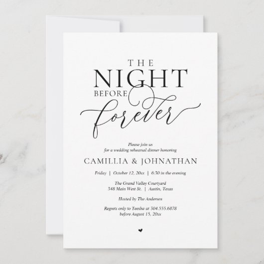 “The Night Before Forever” Modern Rehearsal Dinner Kaart (Voorkant)