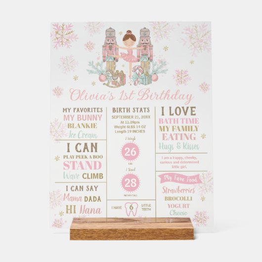 The Nutcracker 1st Birthday Milestone Birth Stats Acryl Bord (Voorkant)
