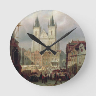 The Old Market Place in Praag, 1881 (olie op canva Ronde Klok