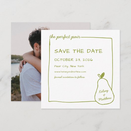 "The Perfect Pair" Green Pear Chic Trouwfoto Save The Date (Voorkant / Achterkant)