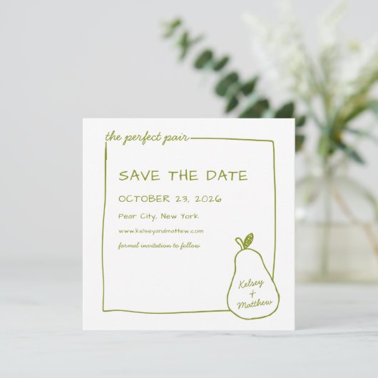 "The Perfect Pair" Green Pear Chic Trouwfoto Save The Date (Staand voorkant)