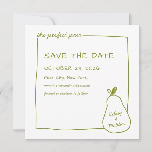 "The Perfect Pair" Green Pear Chic Trouwfoto Save The Date (Voorkant)