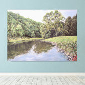 The Serene Waterway: Realistic River Landscape Oil Canvas Afdruk (Insitu (Houten vloer))