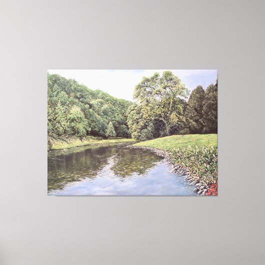 The Serene Waterway: Realistic River Landscape Oil Canvas Afdruk (Voorkant)