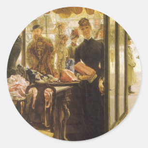 The Shop Girl van James Tissot, Victoriaanse Schon Ronde Sticker