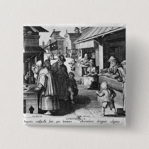 The Spectacles Seller, gegraveerd door Jan Collaer Vierkante Button 5,1 Cm