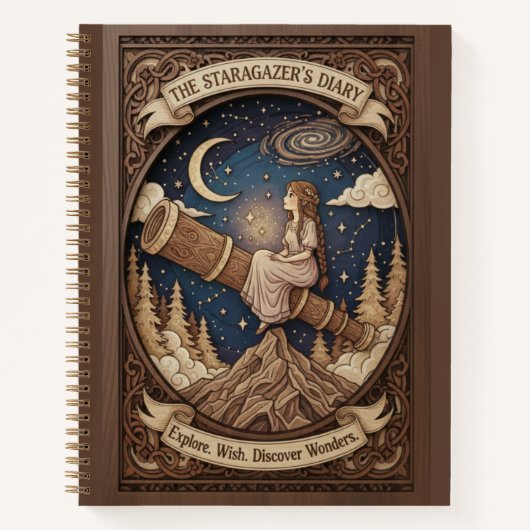 The Stargazer's Diary Mountain Telescope Wood Notitieboek (Voorkant)