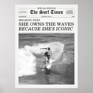 The Surf Times Krant Ze Beheerst De Golven Poster
