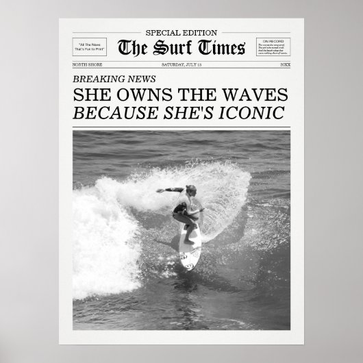 The Surf Times Newspaper She Owns The Waves Poster (Voorkant)
