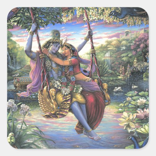 The Swing Pastime - Radha en Krishna Vierkante Sticker (Voorkant)