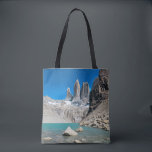 The Towers Torres Del Paine Patagonia Mountains Tote Bag<br><div class="desc">Capture the spirit of Patagonia with this all-over print tote bag featuring authentic photography of the famous granite towers in Torres del Paine National Park, Chile. The design highlights the striking blue glacial waters and the iconic peaks of the Andes in a bold, full-wrap layout. It's ideal for mountain lovers...</div>