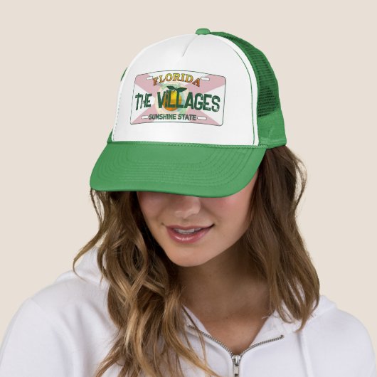 The Villages Florida flag license plate hat Trucker Pet (In situ)
