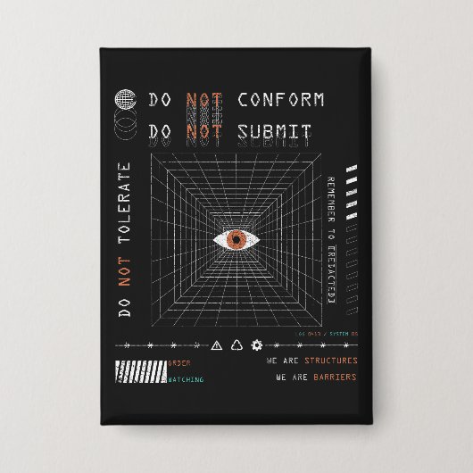 The Watcher - Techno-Brutalist Streetwear Design Button (Voorkant)