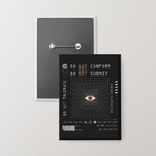 The Watcher - Techno-Brutalist Streetwear Design Button (Voorkant / Achterkant)