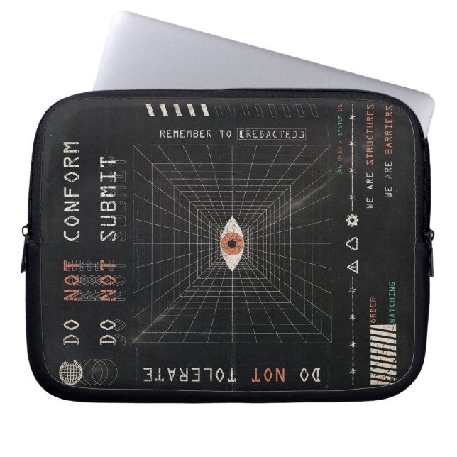 The Watcher - Techno-Brutalist Streetwear Design Laptop Sleeve (Voorkant)