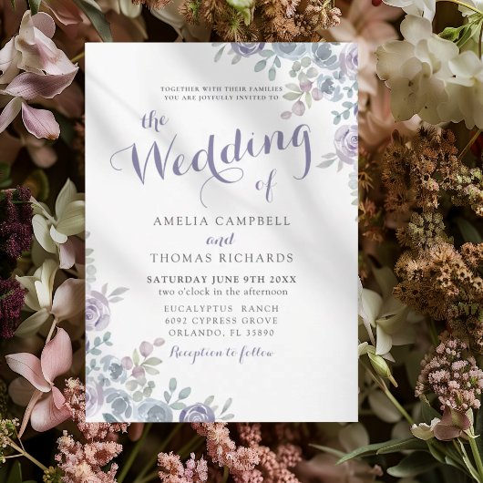 The Wedding Of Purple & Blue Floral Wedding Invita Kaart