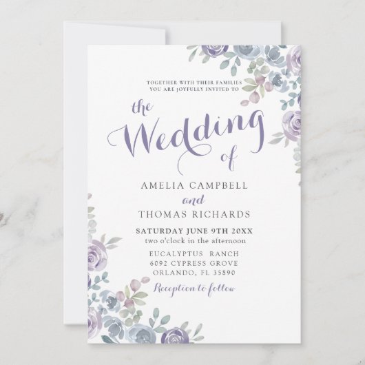 The Wedding Of Purple & Blue Floral Wedding Invita Kaart (Voorkant)