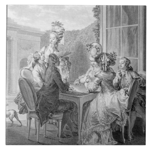 The Whist Party, 1783, gegraveerd door Jean Dambru Tegeltje (Voorkant)