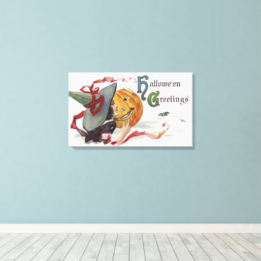 The Witch's Kiss: een Jack of Lantern op Halloween Canvas Afdruk (Insitu (Houten vloer))