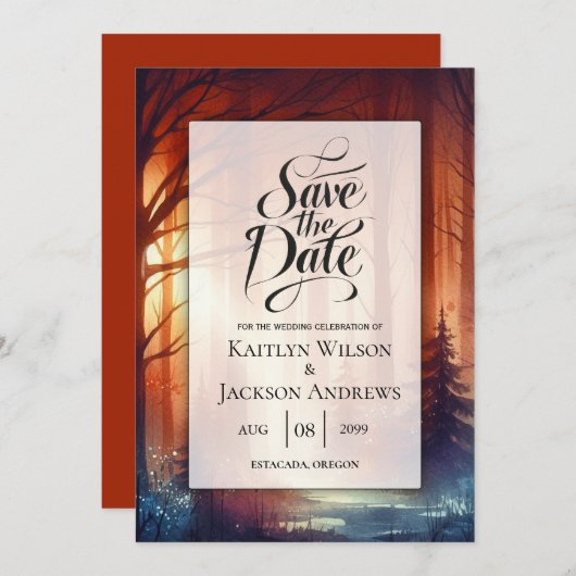 The Woodland Spell of Falling Leaves Wedding Save The Date (Voorkant / Achterkant)