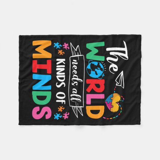 The World Needs All Kinds of Minds Autism Awarenes Fleece Deken (Voorkant (Horizontaal))