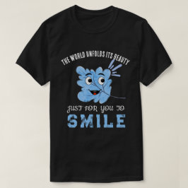 "The World Unfolds Its Beauty" Blue Smiling Leaf  T-shirt