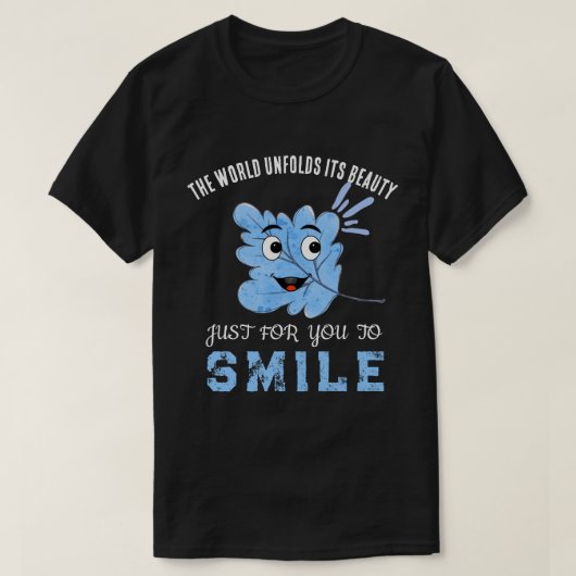 "The World Unfolds Its Beauty" Blue Smiling Leaf  T-shirt (Design voorkant)