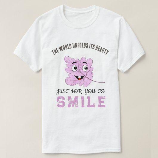 "The World Unfolds Its Beauty" Purple Smiling Leaf T-shirt (Design voorkant)