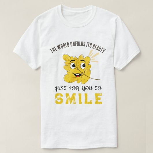 "The World Unfolds Its Beauty" Yellow Smiling Leaf T-shirt (Design voorkant)