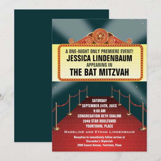 Theater Marquee Bar Bat Mitzvah Kaart (Voorkant / Achterkant)