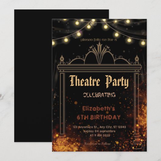 Theater Marquee Feest Uitnodiging – Verjaardagsuit (Voorkant / Achterkant)