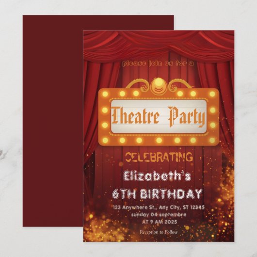 Theater Marquee Feest Uitnodiging – Verjaardagsuit (Voorkant / Achterkant)