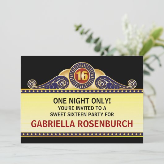 Theater Marquee Sweet 16 Birthday Uitnodiging (Staand voorkant)
