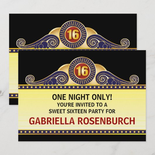 Theater Marquee Sweet 16 Birthday Uitnodiging (Voorkant / Achterkant)