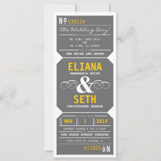theater Ticket Invitation Grey and Yellow Kaart (Voorkant)