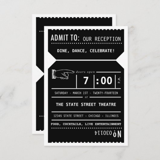 Theater Ticket Reception Tussenvoegsel in Zwart Informatiekaartje (Voorkant / Achterkant)