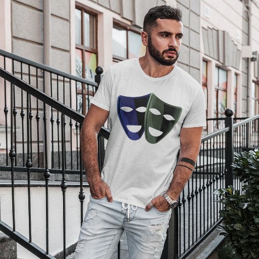 Theatermaskers blauw en groen t-shirt