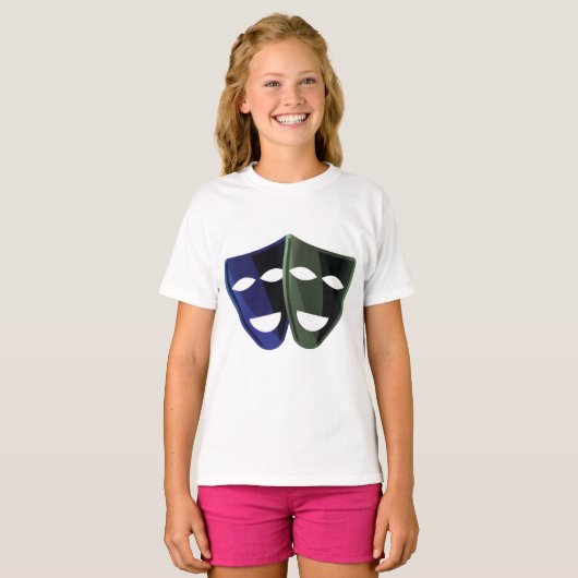 Theatermaskers blauw en groen t-shirt (Voorkant volledig)