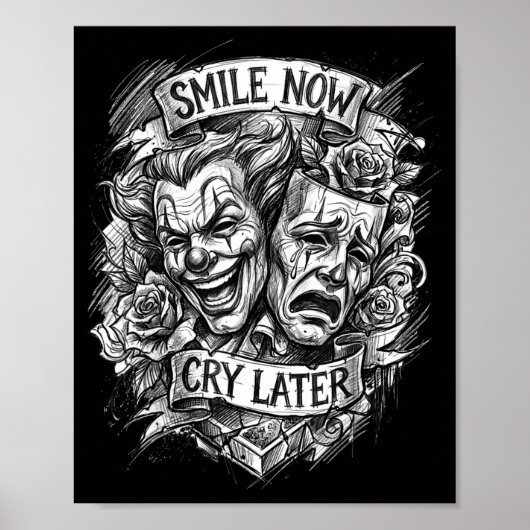 Theatermaskers 'lach nu, huil later' poster (Voorkant)