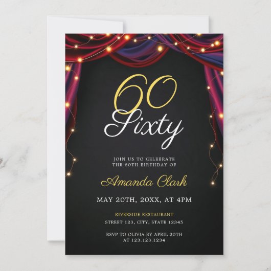 Theatrale rode gordijnen met lichten 60e verjaarda kaart (Voorkant)