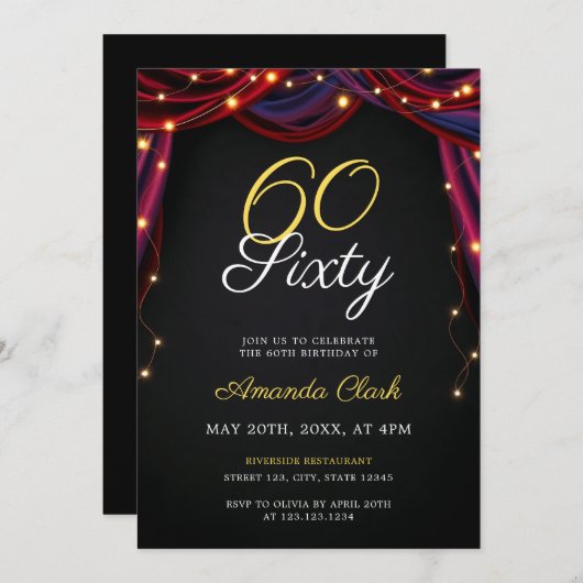 Theatrale rode gordijnen met lichten 60e verjaarda kaart (Voorkant / Achterkant)