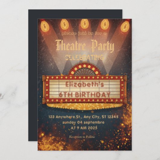 Theatre Marquee Party Invitation – Birthday invite Kaart (Voorkant / Achterkant)