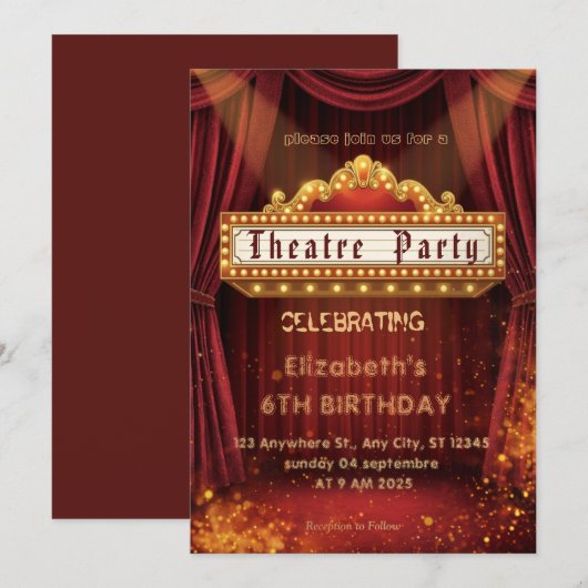 Theatre Marquee Party Invitation – Birthday invite Kaart (Voorkant / Achterkant)