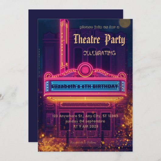 Theatre Marquee Party Invitation – Birthday invite Kaart (Voorkant / Achterkant)