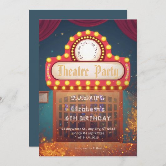 Theatre Marquee Party Invitation – Birthday invite Kaart (Voorkant / Achterkant)