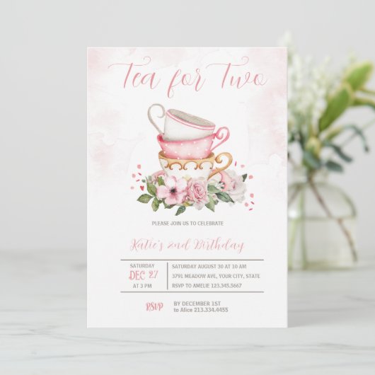 Thee 2e verjaardag Bloemen Uitnodiging (Staand voorkant)